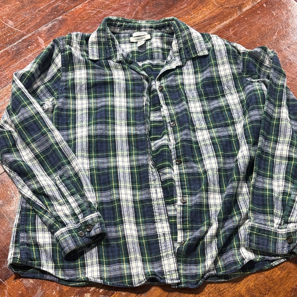 L.L. Bean Navy and Green Plaid Button Down Shirt
